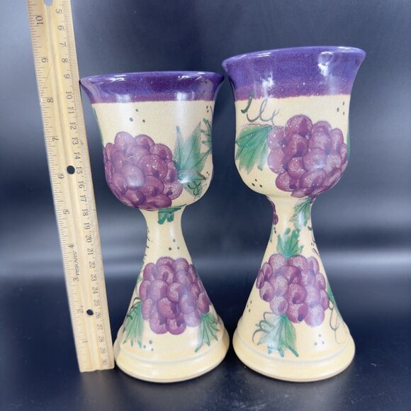 Studio Art Pottery Hand Made Goblets Drinking Wine Glasses Signed Purple Grapes - Picture 2 of 16